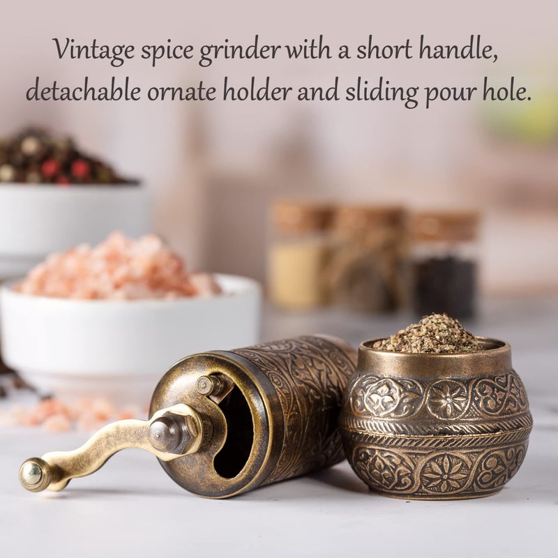 Crystalia Decorative Black Pepper Grinder, Refillable Turkish Spice Mill with Adjustable Coarseness, Manual Pepper Mill with Handle, Spice Grinder Metal with Hand Crank, Antique Gold - Image 4